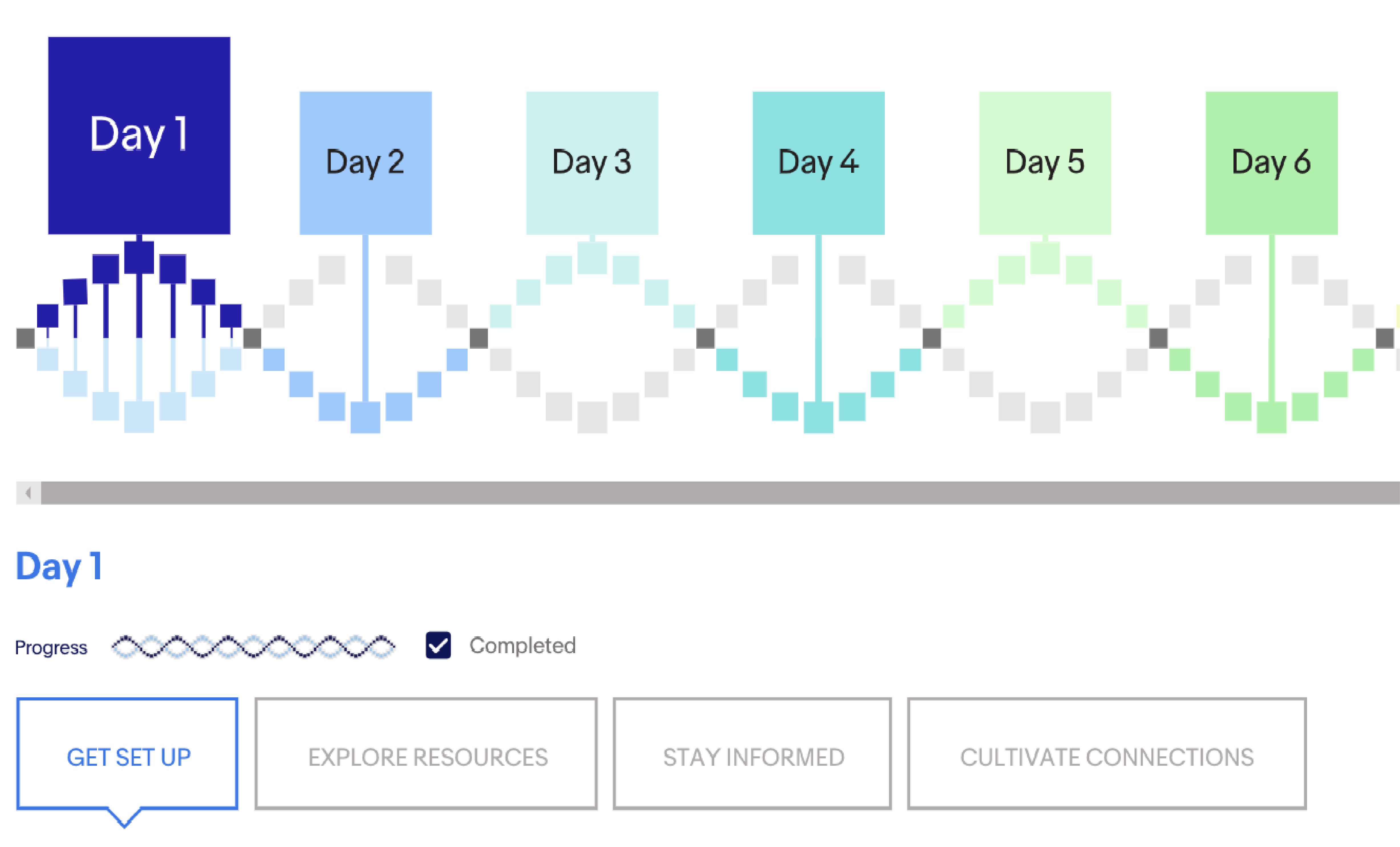 Course sample eBay onboarding roadmap A timeline designed to look like a DNA string with milestones for the first six days of eBay onboarding. There are tabs for each phase: 'Get Set Up,' 'Explore Resources,' 'Stay Informed,' and 'Cultivate Connections.'